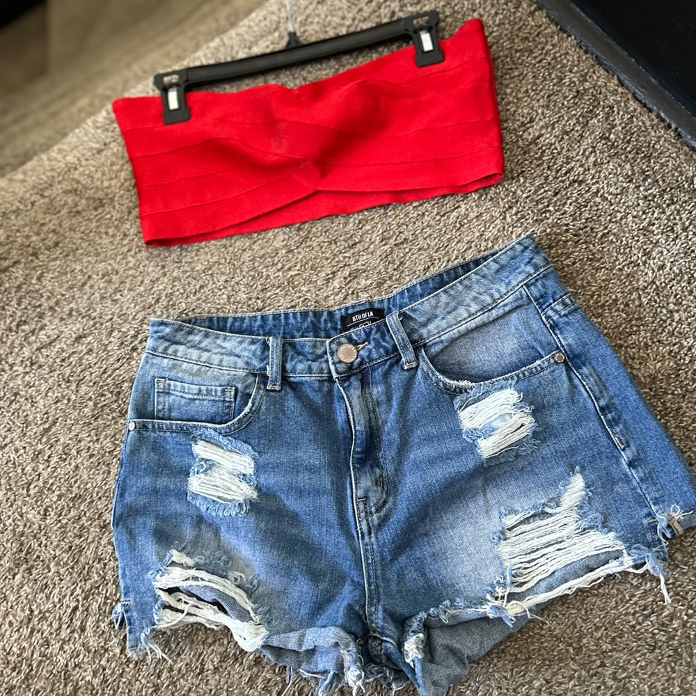 2 for price of 1. Hot red tube top and short shorts.